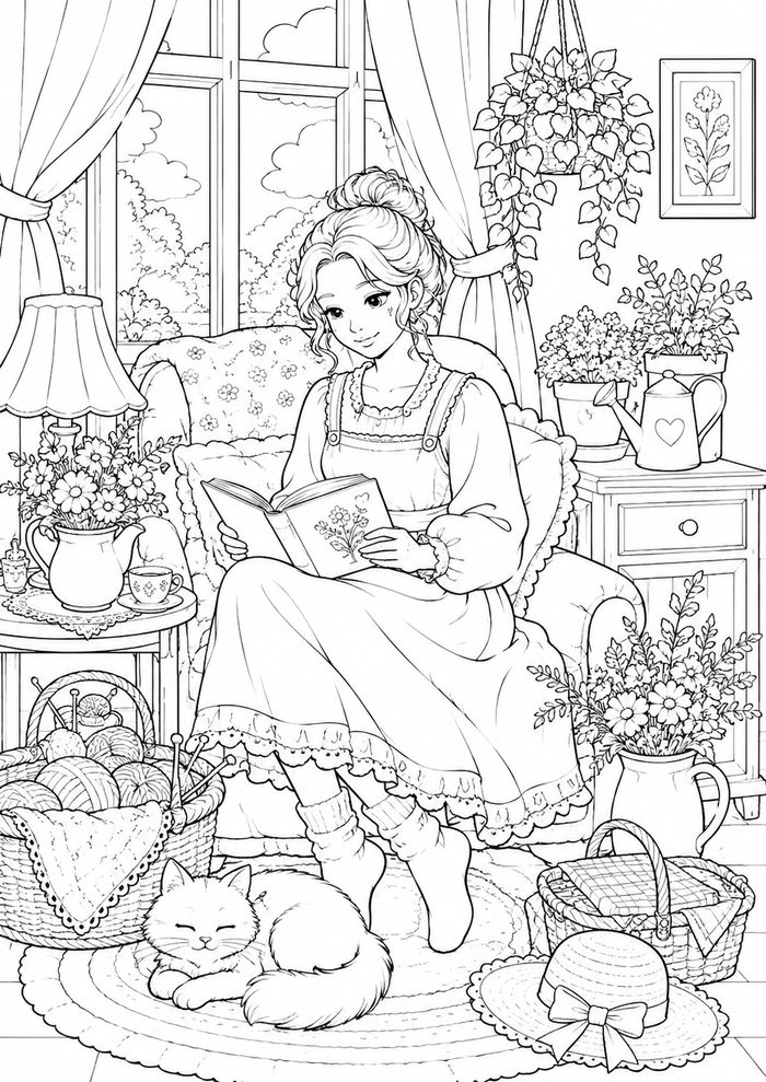Coloring page — a cozy reading nook with a sleeping cat