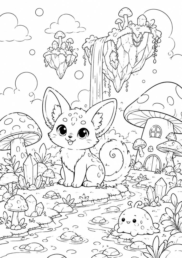 Fantasy coloring page — a curious forest creature by a waterfall
