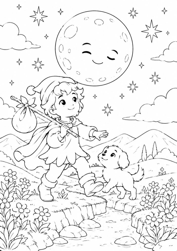 Fantasy coloring page — a traveler and his dog under a smiling moon