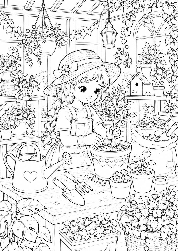 Coloring page — a girl potting plants in a greenhouse