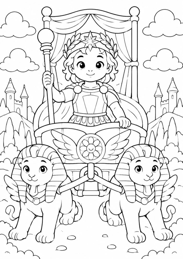 Fantasy coloring page — a young ruler riding a sphinx-drawn chariot