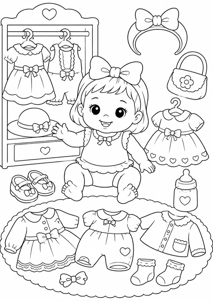 Coloring page — a baby doll wardrobe