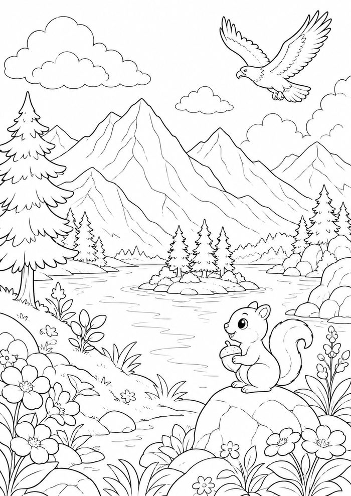 Coloring page — a mountain lake with a squirrel and an eagle