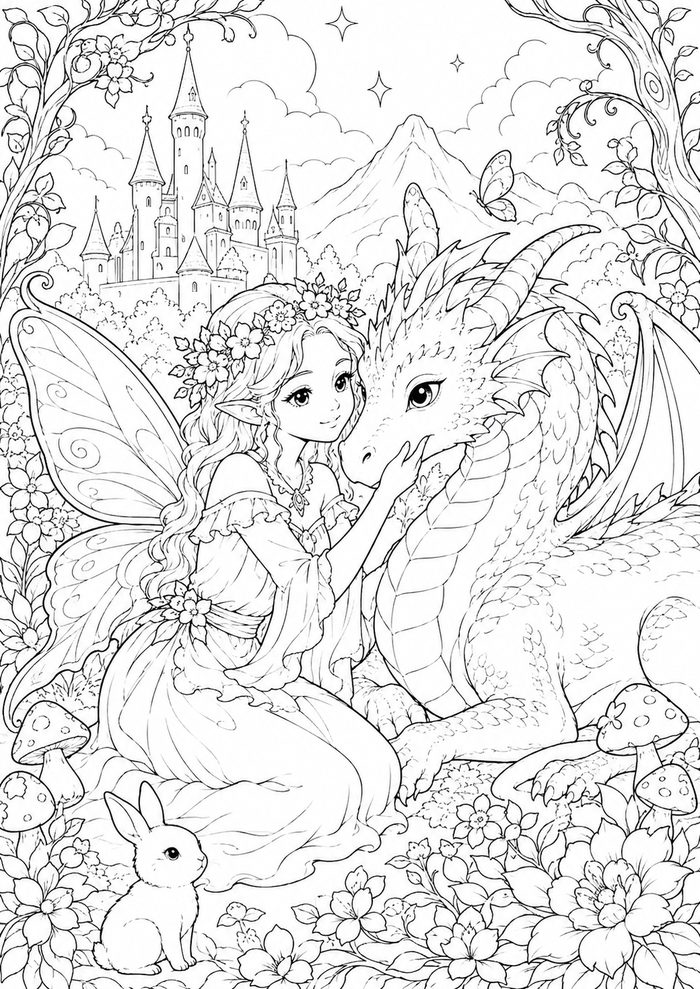 Fantasy coloring page — a fairy and her dragon in front of a castle