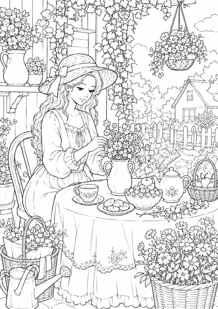Coloring page — a garden tea party