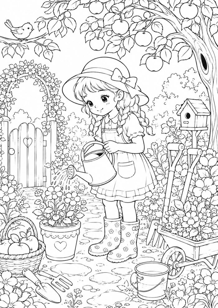 Coloring page — a girl watering flowers in the garden
