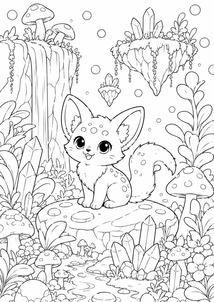 Fantasy coloring page — a curious forest creature among mushrooms and crystals