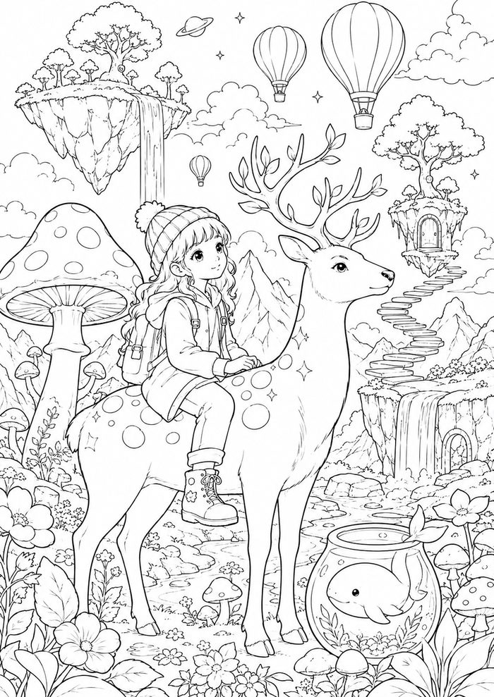 Fantasy coloring page — a girl riding a deer through a floating world