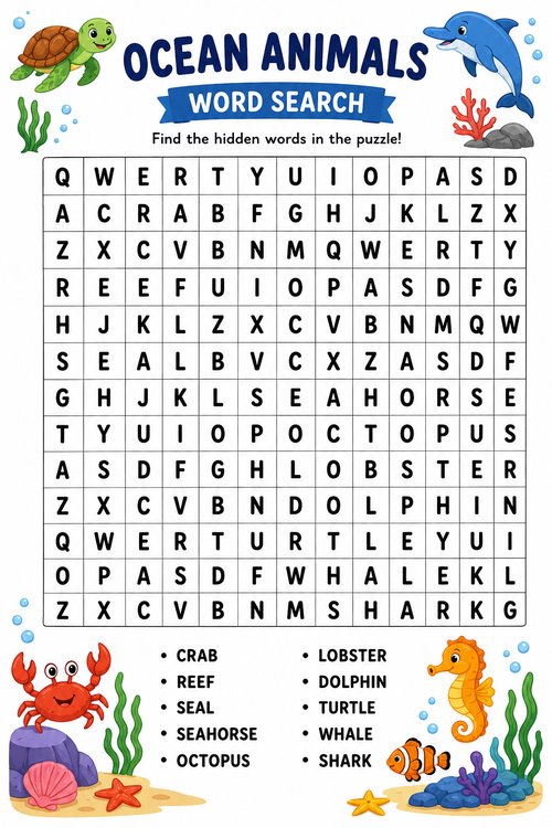 Ocean Animals word search puzzle