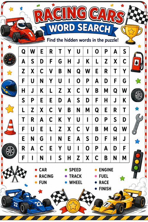 Racing Cars word search puzzle